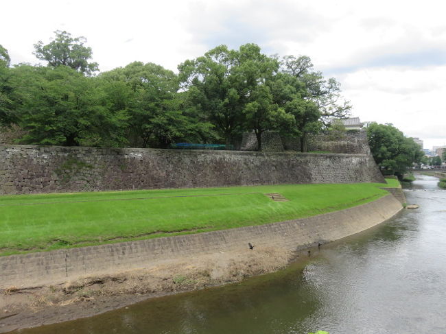 坪井川に沿って続く遊歩道の長塀通り、厩橋から行幸橋まで、まず熊本城の外堀を歩きました。<br />右奥に見えるのが平御櫓、そこから馬具櫓まで、石垣の上に242m続いていた長塀は、震災でお城側に倒壊したため、石垣だけになっています。