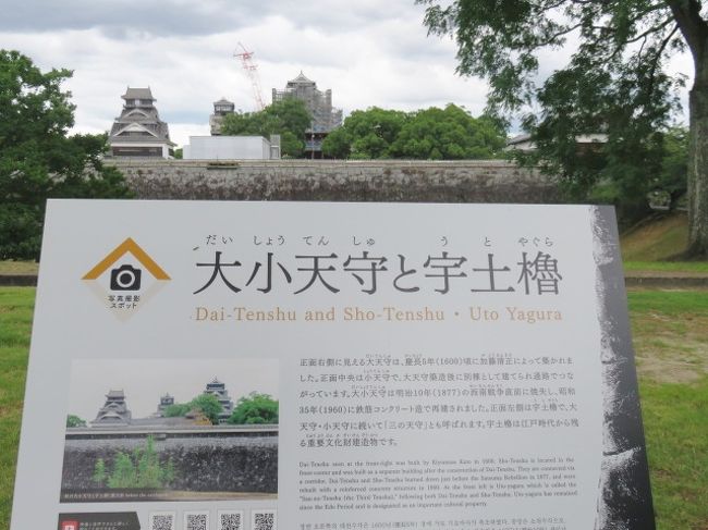 二の丸広場から望む、左から宇土櫓、小天守閣、大天守閣。<br />ここも石垣の上の塀はお城側に倒壊していました。