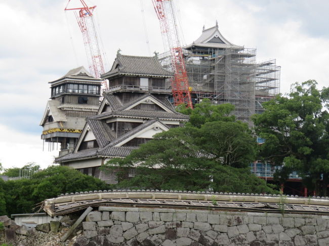 ここからみると、手前の宇土櫓が立派な天守閣のようです。<br />このあたりの石垣の上の塀は、そのままお城側に傾いていました。