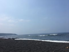 桟橋から徒歩10分くらい、一番近いビーチ「弘法浜」で海水浴！

ここのビーチは三原山の火山岩でできているため、真っ黒の砂（というか小さい石）で圧巻。

波は結構高めのため、息子は怖がって全然海に入りませんでした…

透明度は高く、シュノーケルをつけて海中を見ると、大きめの魚の群れなんかも見ることができて楽しかったです！
