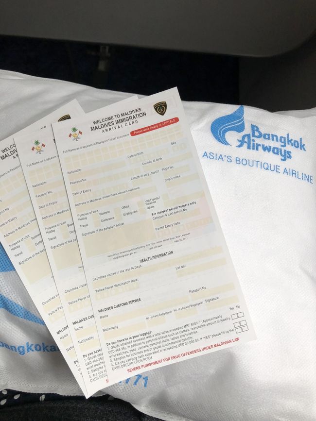 離陸後すぐモルディブ入国カードが配られました。ネットで記入見本を印刷してきたのに書式が変わってました…