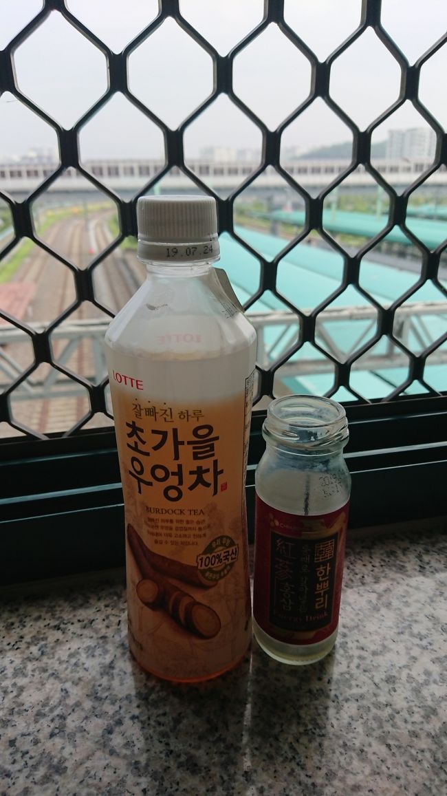 国境近くの駅、文山駅で臨津閣に向かう前に飲んだ<br />ゴボウ茶と高麗人参のドリンク