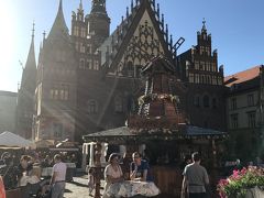 こちらがポーランドの中世市場のひとつ旧市場広場(Rynek)
特徴ある三角屋根の建物は市庁舎（13世紀築・ゴシック建築）