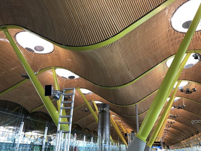 マドリッド バラハス国際空港 18時過ぎに到着<br />曲線美が美しい天井<br /><br />初日はトランジットを経てキリスト教の聖地 北スペインのサンティアゴ・デ・コンポステーラへと向かう<br />飛行機が早めに着いたので、トランジットの時間は実におよそ５時間弱<br /><br />空港内で一度解散