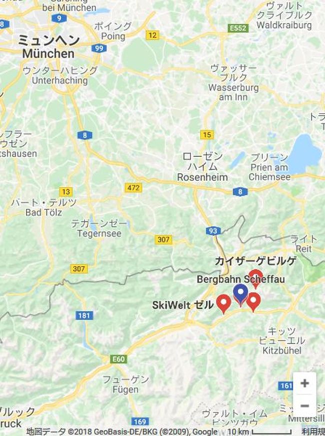 Scheffauは地図の”Bergbahn Scheffau”という場所でミュンヘンから約100㎞でアウトバーンが凍結してなければ1時間ほどで付きます。7時半くらいに家を出て9時から滑れる感じでした。A８を走ってローゼンはーむでA９３に分岐します。A93をそのまま走るとインスブルックを超えてイタリアへ向かいます。