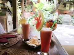 私たちは、半個室のようになったテーブル席を用意してもらいました。まずはお決まりのフレッシュジュース。私はスイカ、夫は・・・ミックス的なかんじのだったような気がします。