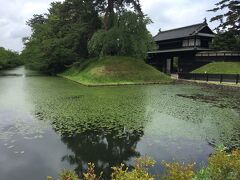 追手門。外堀の水面に映る緑が綺麗。

中に入り１０分ほど歩いたのですが、天守閣が見えてきません。
なぜなら・・・・。
