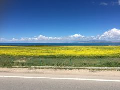 車で1時間くらい走ると青海湖が見えてきました。
最初は青い線みたい・・