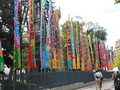 旧安田庭園を抜けると、色とりどりの幟が目に飛び込んできました。大相撲が行われる両国国技館です。