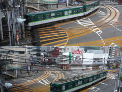 　京津線の終点、びわ湖浜大津の駅。道路の交差点に４両編成や２両編成の電車が一緒になって走る光景は何度見ても不思議。