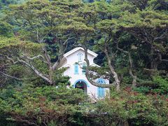 09：50頃奈留島の江上天主堂に近い船着場に到着しました。船着場から江上天主堂まで歩いて３，４分ぐらいです。まだ雨は降り続いています。
防風林の役割もありそうなタブの樹林の隙間から江上天主堂が見えてきました。