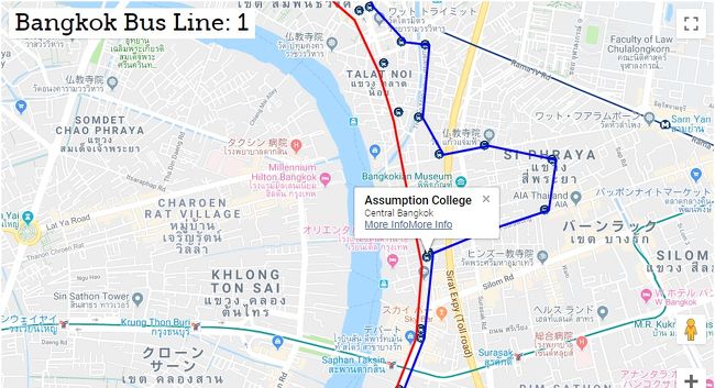 Charoen Krung Rｄ．へ移動し、チャイナタウンから路線バス（１番）で行きました。オリエンタルホテルの近くです。<br />ヤワラートは渋滞する為、一方通行になってます。東の道に出ないと南下できません。