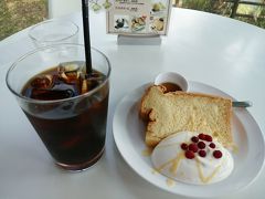 ガラス張りの日差しが明るい美術館内のカフェ。シフォンケーキがふわふわ、美味しいコーヒーでした。