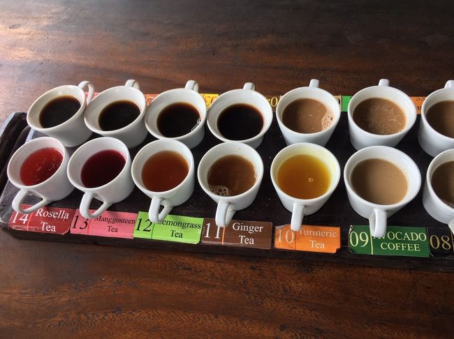 一通り説明を聞いたあとは、コーヒー４種、フレーバーコーヒー５種、フレーバーティー５種を試飲させてくれます。キンタマーニ高原産のロブスター種のコーヒーが一番美味しくて気に入りました。