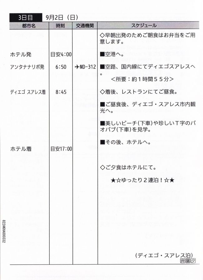 3日目　9月2日（日）<br /><br />ホテル発　04：15　アンタナナリボ空港へ（約30分）<br />アンタナナリボ発　07：05　ＭＤ312便にて、アンツィラナナへ（1時間55分）<br />アンツィラナナ着　09：00　4ＷＤにて観光へ<br />　　　　　　　　　　　　　   Ｔ字型のバオバブ・美しいビーチなどを観光<br />レストラン着　12：10　昼食<br />　　　　　発　13：05　ホテルに向かいます<br />ホテル着　13：45　ル　グラン・ホテルにチェックイン<br />　　　　　　　　　　　　　　　　　　　　【ディエゴ　スアレス伯】<br /><br /><br />