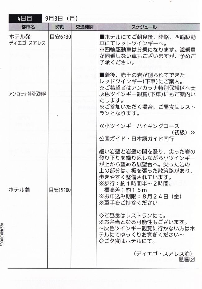 4日目　9月3日（月）<br /><br />ホテル発　07：00　4ＷＤにてレッドツインギー・灰色ツインギー観光へ<br />レッドツインギー着　09：00　約1時間の観光<br />　　　　　　　　発　09：55　灰色ツインギーに向かいます<br />レストラン着　12：05　昼食<br />　　　　　発　13：10　灰色ツインギーに向かいます<br />灰色ツインギー着　13：20　約2時間15分の観光<br />　　　　　　　発　15：35　ホテルに向かいます<br />ホテル着　18：35　ル　グラン・ホテルに到着<br />　　　　　　　　　　　　　　【ディエゴ　スアレス泊】