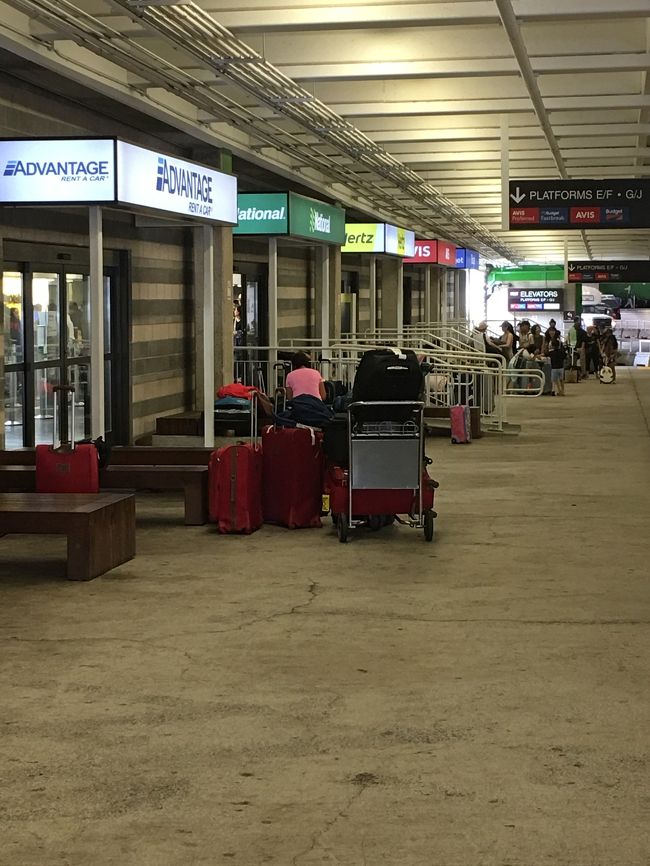 ホノルル空港には予定通り到着。<br />今回は前半2泊をノースで過ごすので、レンタカーを空港から借りました。<br /><br />到着ロビーからわりと歩いて、レンタカー屋さんが並んでいるビルに。ハーツ利用です。無料のゴールド会員になっておくと、専用の窓口を使えるので 混んでいても便利。<br /><br />レンタカーは空港借りのホノルル返しです。