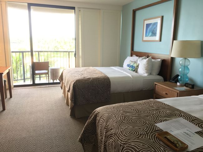 今日から2泊するホテル   <br />タートルベイリゾートにチェックイン。<br /><br />10年ほど前  ヒルトンブランドの時に宿泊した以来の2度目の滞在です。<br /><br />お部屋は水色基調で爽やかな感じ。<br />数年前にリニューアルしてるそう。<br />わりと広めのお部屋ですね。<br />ほとんどの部屋がオーシャンビューの作りです。<br />ラナイはやや狭め。ですが後にホテル内散策した時に、棟によってラナイの広さも違うことを発見。<br />アメニティーは少なく、今回は飛行機の中のスリッパをいただいて来るのを忘れたため、ホテル内で不自由をしました。<br /><br />日本人のスタッフの方がフロントにおられました。<br />翌日のゴルフ予約のお手伝いもしていただきました。<br />