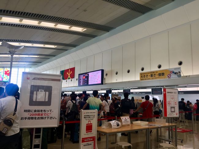 レンタカー会社のバスにゆられて那覇空港到着<br />手荷物預けで1時間並びました<br />29日予定だった人のための臨時便も複数出ていたため、すごい人<br />しかも夕方からの羽田便は欠航するかもしれないということでこの時間に人が集中したかもしれません