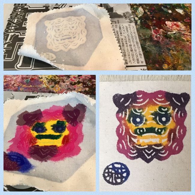 紅型体験が付いていたのでやってみました<br />色を塗り、家で糊を落とすと、右下が完成形です<br />2回目なのにセンス無し<br />係のお姉さんも説明が雑だと思う