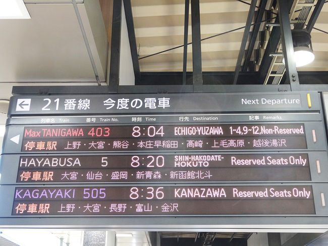 久しぶりの東北新幹線、仕事以外で乗るのは初めてです。<br />8:20発、はやぶさ5号に乗ります。<br />東京駅はたくさんの人で混雑、ここまで来るだけで疲れてしまいます…(*_*;<br />自宅は新横浜駅に近いので、東海道新幹線に乗る方が便利です。