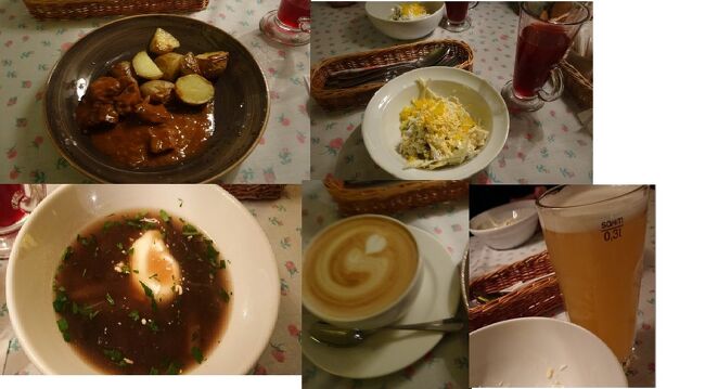 グヤーシュ、ミモザサラダ、サワークリーム入ったスープ、私はクリームスープにした。ビールとカフェラテ、Kiselleというベリージュースはランチ無料サービス、チップ込1300Ｐ<br />昨日と違っておいしくて大満足<br />