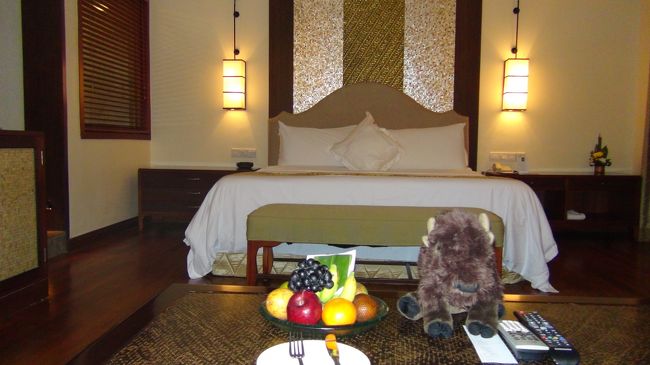 アサインされた部屋です。フルーツの盛り合わせの右にいるのは、アメリカ生まれのバイソンのぬいぐるみバイ子です。