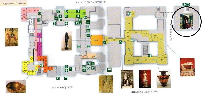 次に行くのはピョートル大帝冬宮殿です<br />地図の右になります。Tripadvisorにエルミタージュ本館冬宮と間違えて書き込んでる人多数。1日券だとまず行かないでしょうね。入口は川沿いエルミタージュ劇場のさらに東です。