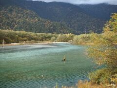 16：41　大正池
水がグラデーションになってます。
40年前に訪れた時は、まだいくつか立ち枯れた木が残っていましたが、今はもうほとんどありません。対岸もケショウヤナギの木が鬱蒼を茂っています。