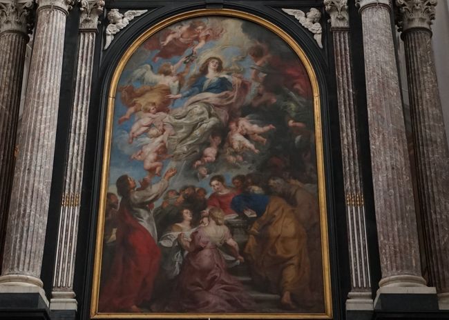 「聖母被昇天」1626年頃　聖母マリア大聖堂<br />ネロが毎日のように訪れて眺めていた祭壇奥にある「マリア被昇天」<br />アニメではこの天井の絵から天使たちが降りてきて、ネロとパトラッシュを天に連れていきます。