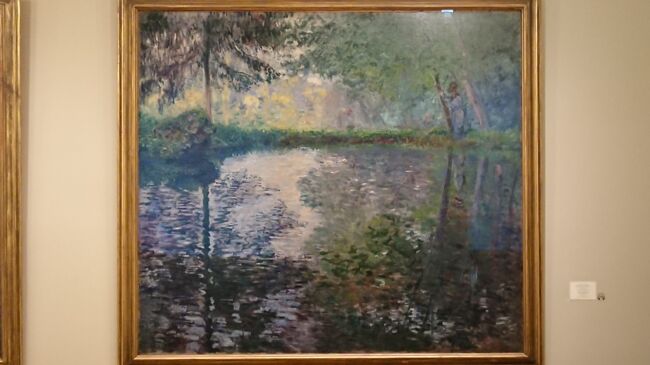 目的は絵画なので4階に真っ先に行きます。美術館にはロシアでさえ日本人一人旅女がいるな。アジア人で一人旅って日本人以外滅多にいない。<br />モネ絵の横に立って撮ってもらったのですが写真映えします。<br /><br />c.モネ(1840-1926）モンジェロンの池　1876<br />モネは、17世紀にロランの古典的な風景が提示して以来すっかり定着していた伝統的な絵画のあり方、その構造のあり方を根本から覆した。『モンジェロンの池』は当時まで認める人も少なかった印象派絵画の支持者の一人だった蒐集家で銀行家のオシェデの別荘を飾るために制作されたが、その大きさにも関わらず、対象をその場で、かつ迅速に捉え、描くという印象はの大原則を踏襲している。この風景にはこれと言った構図はなく、描かれている物体や人物にも主題や副題といった役割の別がない。大きく間を空けた筆致は近くから見ると混沌として、ただこってりとした絵画の魂を思わせるが、数歩下がって鑑賞すると驚くほど忠実に実際の印象を伝える。（土産本）