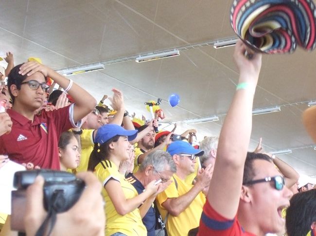 これはひどすぎる・・。ブラジル人が多くいると思っていたけど、スタジアムは圧倒的にまっ黄色！コロンビア人の応援、半端ないですね！<br /><br />試合は先に点を取って余裕のコロンビア。ハーフタイム間近に私達の肩を笑顔でたたきながら余裕でトイレにたったおじさん、終了間際に岡崎が一点返したので、トイレから戻ってきたおじさんは呆然って感じで、さっきの余裕顔は一体どこに？笑<br /><br />ざまーみろ！って感じで大興奮の私達。これはいけますよ！！なんて気分は最高潮だったんだけど・・・。後半の悪夢はかなりショックでした。コロンビアは大歓声ですごいったらありゃしなかったけど。<br /><br />こっちは叩きのめされたようなショックを味わっているというのに、もうコロンビアの勝利確定となった時点で、周りのコロンビア勢、やれ一緒に写真取れ、こっち向け！日本の旗をもて！とうるさい！<br /><br />私はまだ試合みてるんだってば！試合はまだ終わってないんだってば！ふざけるなーーー！！！<br /><br />ま、４－１のぼろ負けですからね、何も言えませんけど。<br />それより私は遠藤選手がみたくて日本戦わざわざ手にいれたのにな。ザック、なんで出してくれなかったの・・・。