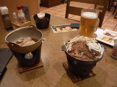 いきなりですが、ホテルでの夕食です。
ホテルには、１８時過ぎに到着しました。
北海道は、九州より日が暮れるのが1時間以上早く、１７時頃には暗くなります。

暗い道を走って層雲峡に到着しましたので、途中の景色は分かりません。
ホテルは、層雲峡朝陽亭です。

温泉に入って夕食。
食事は、夕食・朝食ともバイキングでした。
