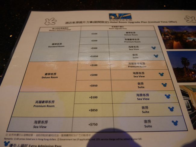 アップグレードの価格表<br />時価ではなく決まっているのですね！<br /><br />1泊目はスタンダードルームの予約ですが、無料でデラックスルームになるので、デラックスルーム扱いのようです。