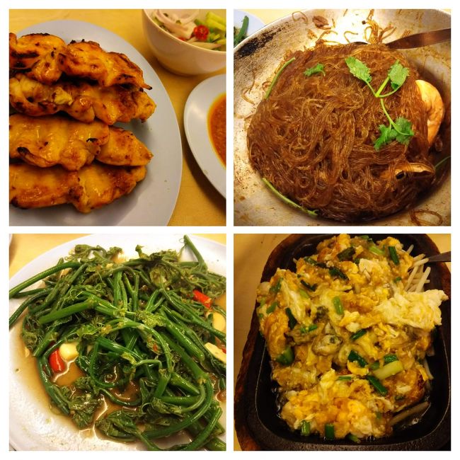 料理はおしゃな盛り付け等の小細工はなしの直球勝負の味です。<br />ボリュームたっぷり。<br />ムーピンという豚の串焼き（10本）、空心菜炒め、エビと春雨の炒めもの、牡蛎入り卵焼き、ビール２本で980バーツでした。<br />３人で頑張って食べたけど完食できずに残念…