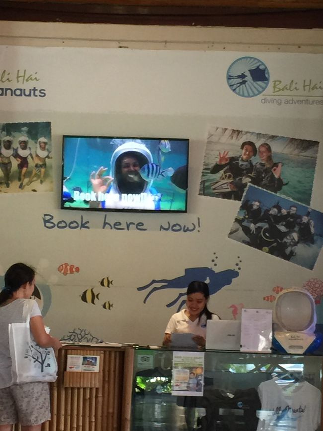 波でも酔う私が心動かされたのはこれ。アクアノットというアクティビティで重さ35キロもある宇宙服みたいなマスクをかぶり、海底5メートル～10メートルくらいのところで海底散歩するもの。これがやりたいがために苦手な海アクティビティに果敢にチャレンジするのです。