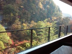 宿泊先の「山楽荘｣ラウンジから見える紅葉。この部屋は夜はカラオケルームになります。