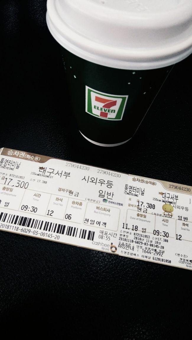 バスターミナルにあるセブンイレブンでコーヒーを買いました。<br />韓国のコーヒーは殆ど薄いので、セブンはどうだろ？と思い試しに飲んでみましたが…やっぱり薄い！<br />値段もW1200(130円)と日本より高いけど、品質は日本の方が断然上。<br /><br />帰りのチケットはW17300(1800円)で帰りより高いです。<br />来る時は４列シートでしたが、帰りは３列シートのリクライニング付でゆったり出来ました。