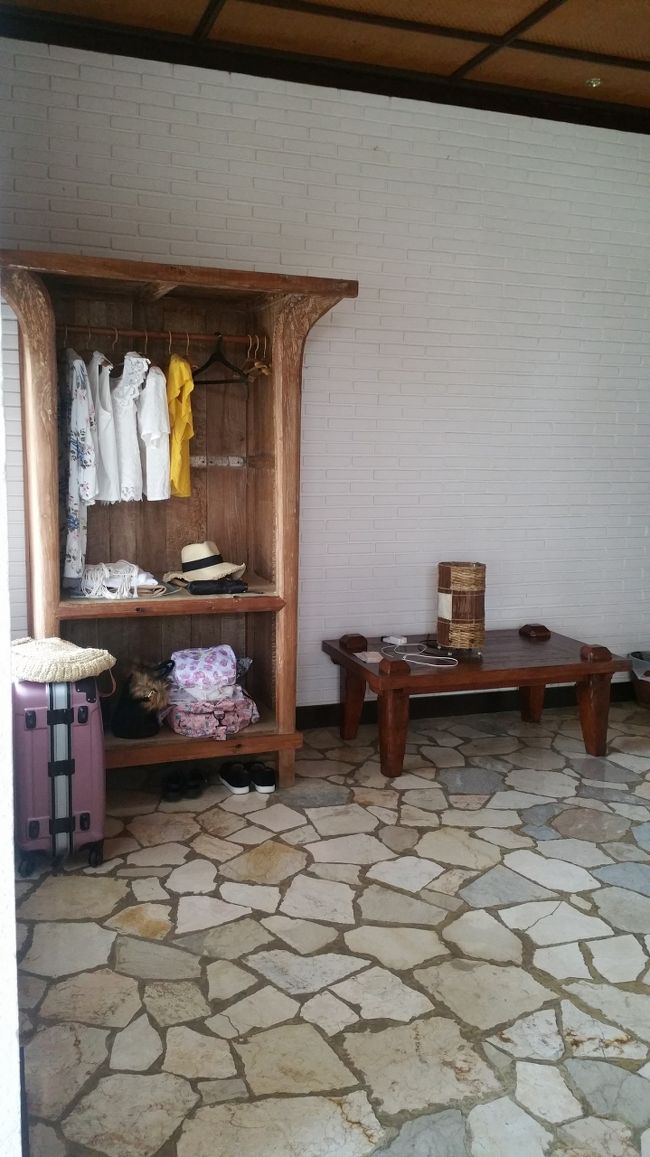 ベッド左側の壁沿いにクローゼットと謎のテーブルがありました。<br /><br />他の部屋は服をハンガーに掛けるタイプのクローゼットではないようで、服を畳んで置く棚のようなクローゼットのようです。<br /><br />畳んで置いても大丈夫だけど、ハンガーで掛けられると尚良いかも？<br /><br />過去のお宿でクローゼットあっても、四隅が汚れてたり蜘蛛の巣張ってたりしたことがあるので、清潔な棚もしくはクローゼットあると大変助かります。<br /><br />またまた思いっきり服掛かってますけど…ꉂꉂ"̮˖笑"̮˖<br /><br />壁を見てみるとアンテナを差せるようになってたので、おそらくテレビを置く用のテーブルだったのでは？<br /><br />