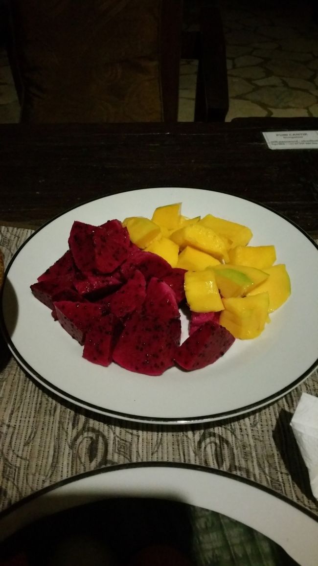 こちらのフルーツはスーパーマーケットで買ってきたフルーツをカットしてもらいました。<br /><br />マンゴーとドラゴンフルーツは大のお気に入りです(๑˃̵ᴗ˂̵)و<br /><br />雨季はフルーツ天国だわ(o´罒`o)ﾆﾋﾋ♡<br /><br />ディナーを堪能してると突然のゲストが現れました!!!<br /><br />そのゲストUbudiの食べてるご飯が欲しいと言うのです!!!<br /><br />初対面で話したことないのに飯よこせやなんて態度して...<br /><br />なんて図々しいのでしょうᔪ(°ᐤ°)ᔭᐤᑋᑊ