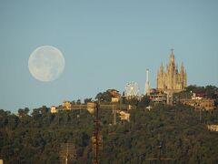 カタルーニャへの旅、4日目。

日本でも大きな大きな月の日だったそうです。
ものすごく大きなお月様が沈もうとしています。

朝日を浴びるサグラダファミリアを観に行こうとガウディズネストの屋上に向かいました。