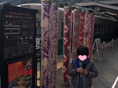 【京福電車　嵐山駅に到着】
帷子ノ辻で乗り換えて到着。駅には友禅をまきつけた円柱がいたるところに展示されていました。