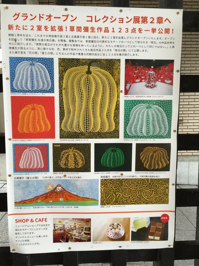 草間彌生さんの作品がたくさん展示されているみたいです。友人がどうしても行きたいということで、アートの良し悪しはよくわかんない私もお付き合いで行くくとに