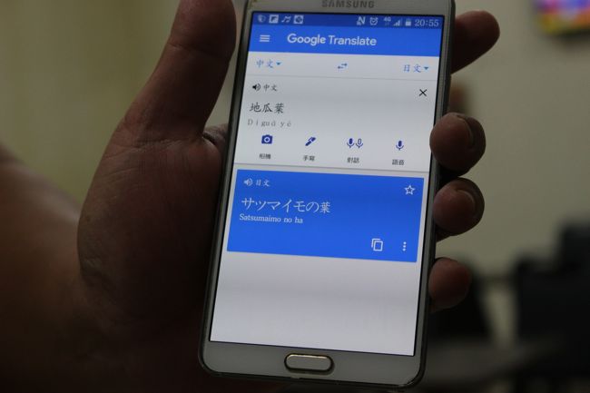 スマホで調べて見せてくれた。<br /><br />お～親切！！<br />ありがとう<br /><br />「サツマイモの葉」か～<br /><br />「サツマイモの葉って食べられるんだんね～。知らなかったよ」とムシャムシャ食べながら聞くと<br />「僕が小さい頃は食べなかったけどね。数年前から、体にいいと人気になってきたんだ」と教えてくれる。<br /><br />「へー。お兄さんおいくつ？」<br /><br />「３７だよ。１９８１年生まれ」<br /><br />「じゃあ俺と一緒だね」<br /><br />「日本から来たの？」<br /><br />「そうです」と答えた。<br /><br />もっと何か聞きたいけど何を聞いたらいいかわからない、という感じでずっと微笑んでいてくれた。