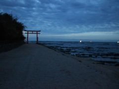 青島に到着。
少し明るくなってきた。
向こうに青島神社の鳥居が見える。
海には鬼の洗濯板と呼ばれる波状岩があるが、まだ満ち潮なので岩があまり見えない。

なんでこんな暗い時間に来たのかって？
電車の本数が少ないの。
この電車の次は、宮崎駅6:48発で青島駅に着くのは7:16
