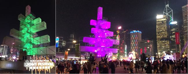 中環へ渡ってきました。中環～金鐘にかけてのプロムナードでは「香港パルス・ライト・フェスティバル」てのが開催されています。光のアートだそうですが…。