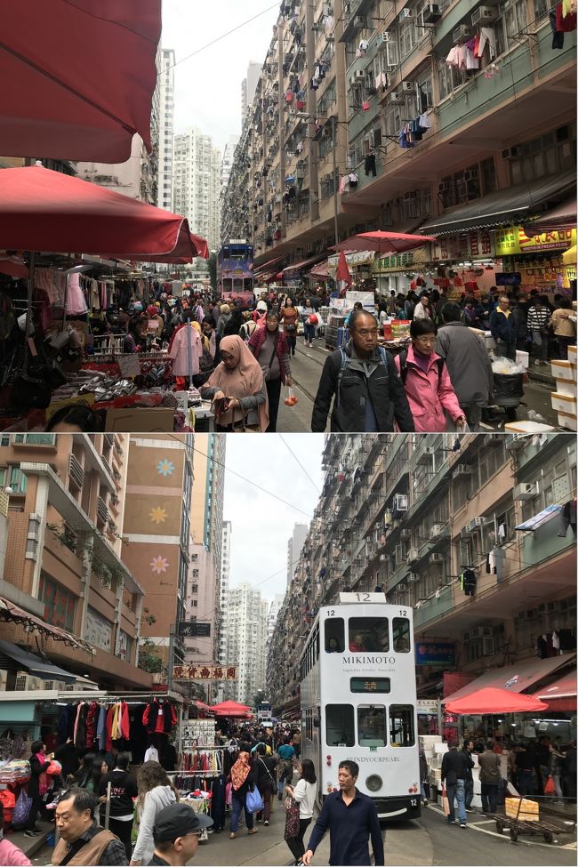 ホテルのある北角は下町風情が残っていて、市場や露店の間をトラムが通る光景は、いかにも香港！お客もほとんどが地元の人…と思いきや、ヒジャブを巻いた女性が多いこと。観光客というわけではなさそう。この辺にはイスラム教のなんかがあるんでしょうかね？？