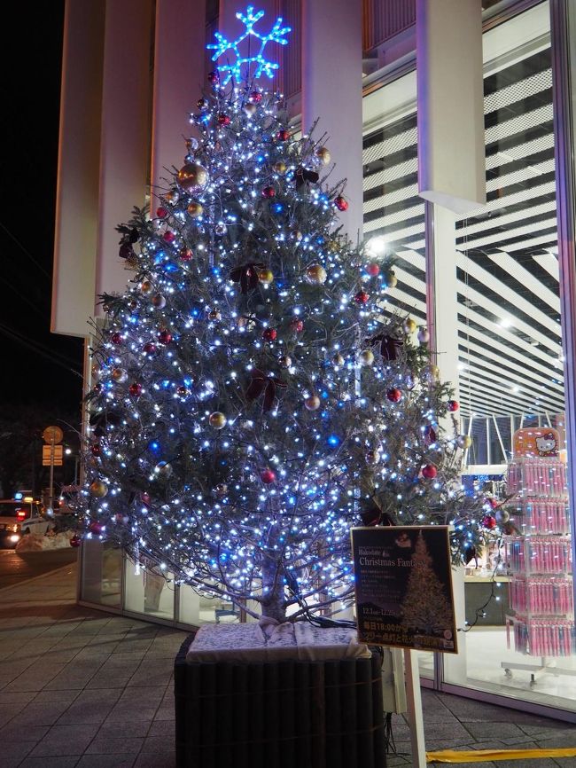 ホテルにチェックインして少しのんびりした後、暗くなり始めたので五稜郭タワーに向かいました。タワー入り口のツリーです。<br />実はタワーへは市電の駅から１０分程度歩くのですが、これがあっちこっちで雪が残って凍っていて、つるっつるっと大変でした。体中に力が入ってしまって疲れました（笑）。
