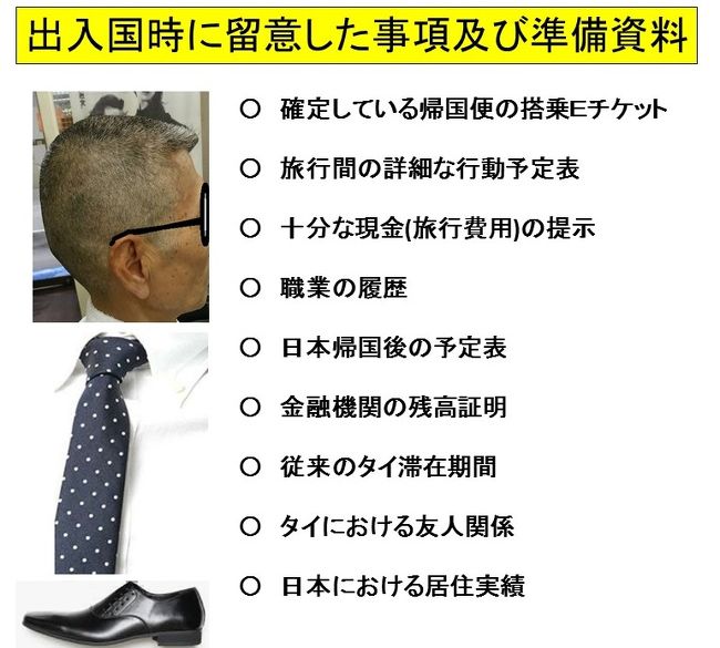 ４９年前、バンコク空港入国時、質問攻めにあった経緯を踏まえ、まずは、入国審査官の第一印象を良くすることに、意を払いました。<br />１　短髪にする。<br />２　襟のついたＹシャツを着て、きちんとネクタイをする。<br />３　黒のビジネスシューズを履く。<br />４　審査官に笑顔で接し、はっきりとした口調で応対する。<br />５　十分かつ判り易い説明資料<br /><br />入国審査官に、安心してもらえる資料等を準備し、すぐ提示できるようにしました。