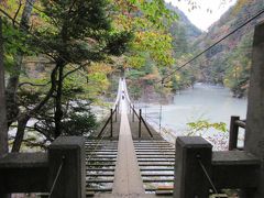 それが、この「夢のつり橋」

寸又峡観光のメインイベントです
「死ぬまでに一度は渡ってみたい世界の徒歩吊り橋10選」に選ばれています。

繁忙期（もしかしたら大半が繁忙期かもしれませんが）は一方通行で渡った後は急な階段が続きますと係の人に注意をしてくれます
また構造的に15人以上は危険なため係員が規制してくれます

今日は平日なので一方通行規制はかかっていましたが空いていました